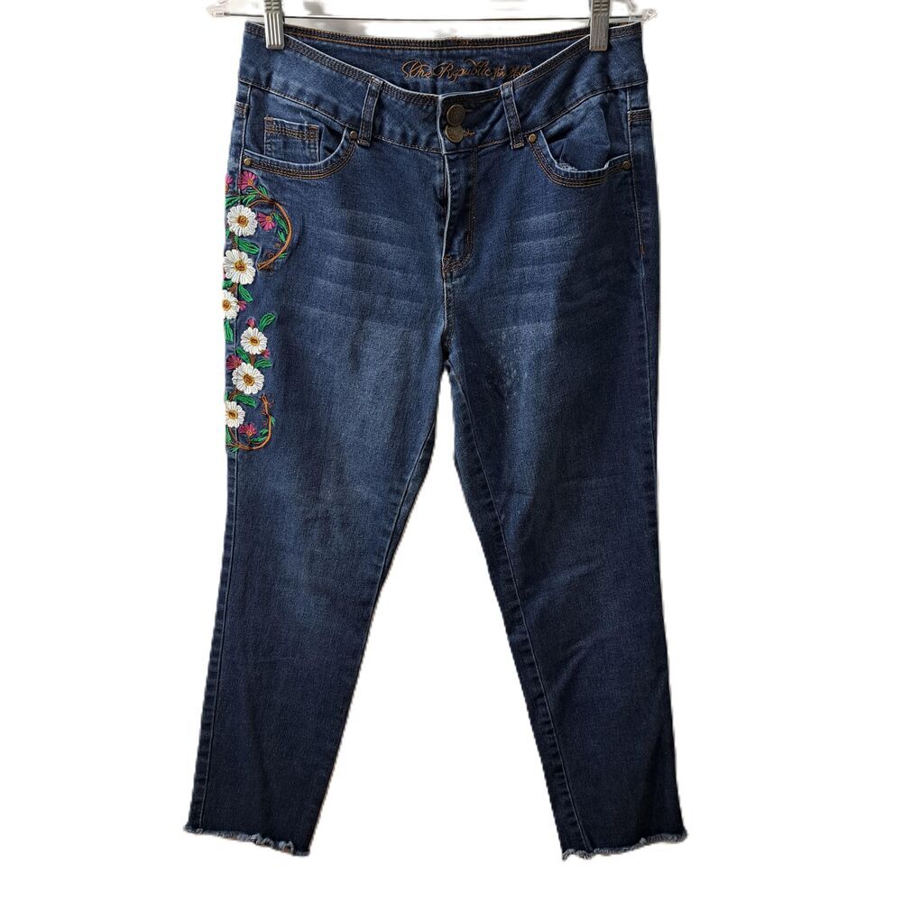 One Republic for All Blue Embroidered Mid Rise Skinny Fringe Denim Jeans Size 8